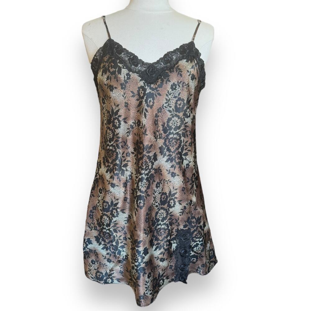 Vintage 90s Y2K Black and Gold Floral Mini Slip Dress, Whimsigoth Grunge